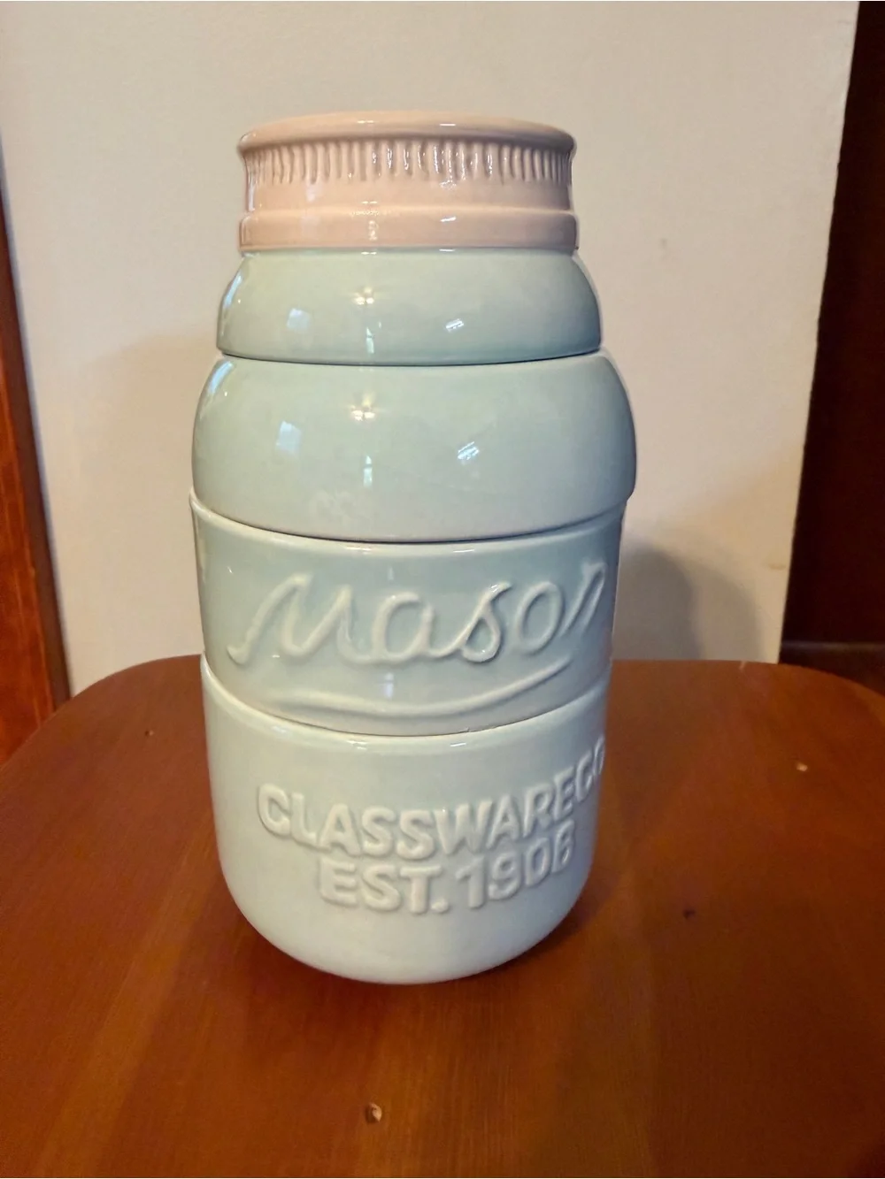 Mason Ceramic Mason Jar Measuring Spoon & Rest Set - Pale Blue with Pink Lid